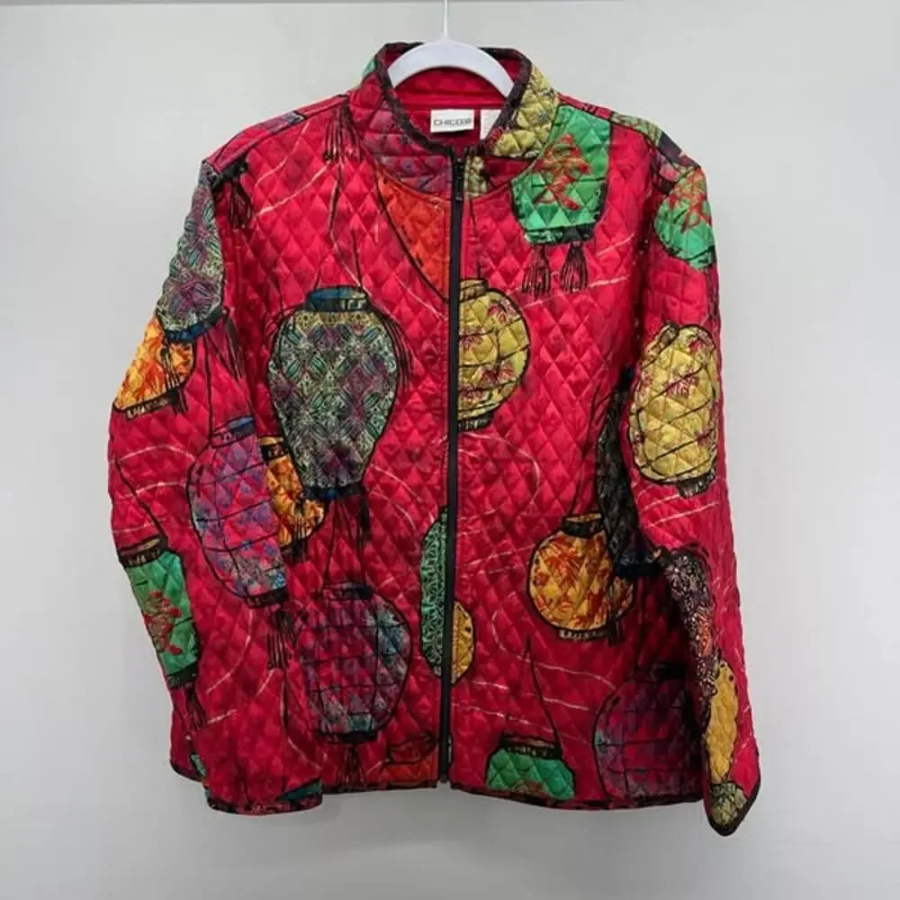 Chico's Red Silk Quilted Asian Taiwanese Chinese Lantern Art Jacket - Picture 1 of 4